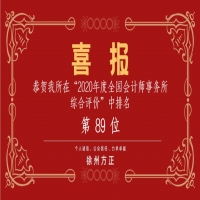 全國會計師事務所綜合評價排名公布，我公司位列89名！